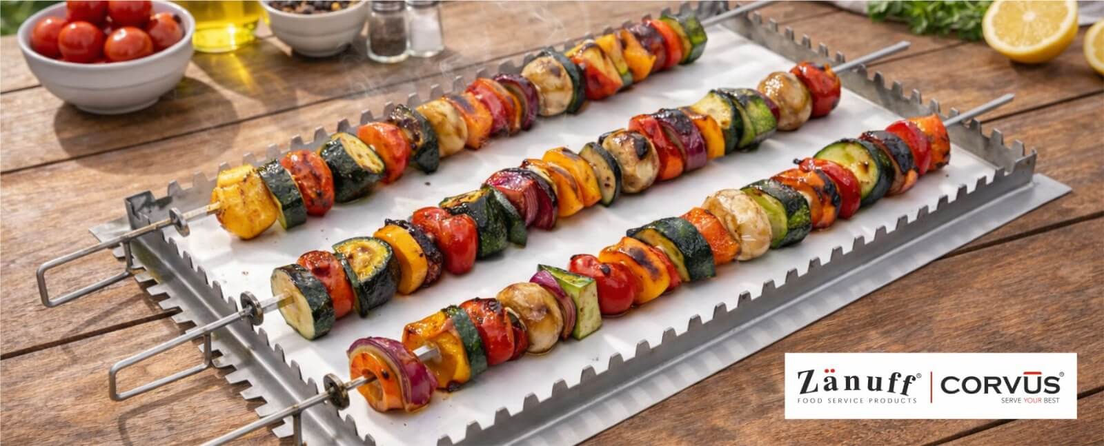 Skewer tray being used for kebab preparation in commercial restaurant kitchen